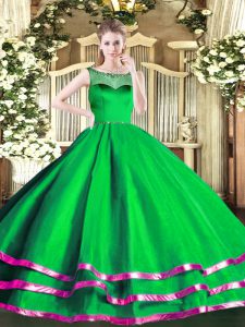 Sleeveless Organza Floor Length Zipper 15th Birthday Dress in Green with Beading and Ruffled Layers