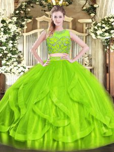 Gorgeous Sleeveless Tulle Floor Length Zipper Vestidos de Quinceanera in with Beading and Ruffles