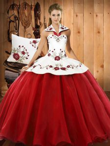 Wine Red Satin and Tulle Lace Up Sweet 16 Dresses Sleeveless Floor Length Embroidery