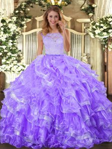 Wonderful Lavender Clasp Handle Scoop Lace and Ruffled Layers Quinceanera Dresses Organza Sleeveless