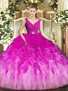 Custom Made Fuchsia Quince Ball Gowns Sweet 16 and Quinceanera with Beading and Ruffles V-neck Sleeveless Backless