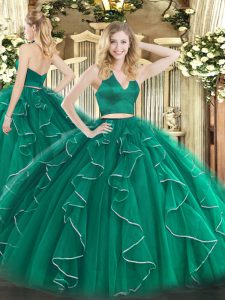 Glittering Dark Green Halter Top Zipper Ruffles Sweet 16 Dress Sleeveless