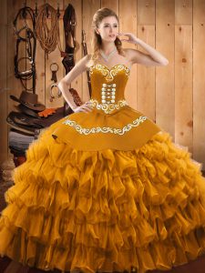 Gold 15 Quinceanera Dress Military Ball and Sweet 16 and Quinceanera with Embroidery and Ruffled Layers Sweetheart Sleeveless Lace Up