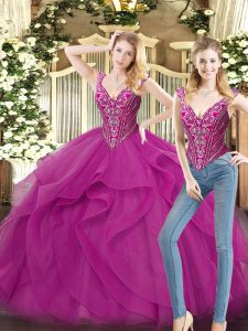 Fuchsia Sleeveless Beading and Ruffles Floor Length Quinceanera Dresses