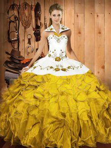 Most Popular Gold Lace Up Halter Top Embroidery and Ruffles 15 Quinceanera Dress Satin and Organza Sleeveless