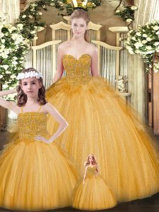 Deluxe Gold Ball Gowns Beading and Ruffles Quinceanera Dress Lace Up Tulle Sleeveless Floor Length