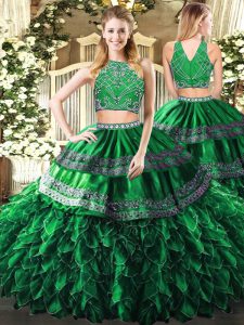 Glittering Beading and Ruffles Ball Gown Prom Dress Dark Green Zipper Sleeveless Floor Length