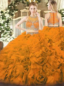 Classical Orange Red Ball Gowns Scoop Sleeveless Fabric With Rolling Flowers Floor Length Zipper Beading Quinceanera Dress