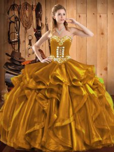 Modern Sleeveless Floor Length Embroidery and Ruffles Lace Up Quinceanera Gowns with Gold