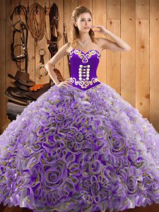 Ideal With Train Lace Up 15 Quinceanera Dress Multi-color for Military Ball and Sweet 16 and Quinceanera with Embroidery Sweep Train