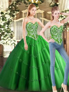 Green Tulle Lace Up Sweet 16 Dresses Sleeveless Floor Length Beading