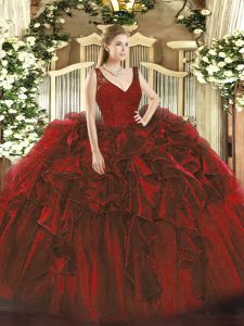 V-neck Sleeveless Backless Quinceanera Gowns Wine Red Organza