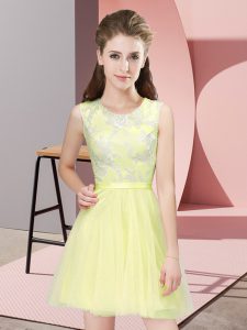 Sumptuous Yellow Tulle Side Zipper Quinceanera Dama Dress Sleeveless Mini Length Lace