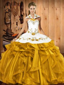 Perfect Ball Gowns 15th Birthday Dress Gold Halter Top Satin and Organza Sleeveless Floor Length Lace Up