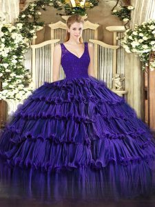Purple Sleeveless Floor Length Beading and Lace and Ruffled Layers Backless Sweet 16 Quinceanera Dress