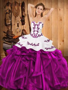 Edgy Fuchsia Lace Up Quinceanera Gown Embroidery and Ruffles Sleeveless Floor Length