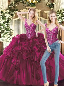 Fuchsia Two Pieces Beading and Ruffles Sweet 16 Dresses Lace Up Organza Sleeveless Floor Length