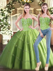 Discount Beading Sweet 16 Dresses Olive Green Lace Up Sleeveless Floor Length