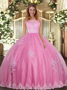 Chic Rose Pink Sleeveless Lace and Appliques Floor Length Quinceanera Dress