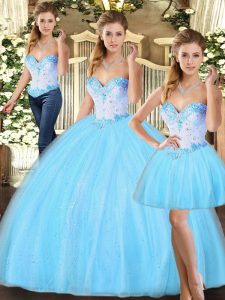Elegant Sweetheart Sleeveless Lace Up 15 Quinceanera Dress Baby Blue Tulle
