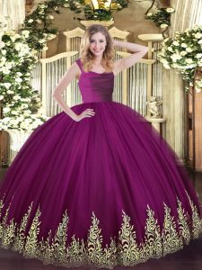 Shining Fuchsia Straps Zipper Lace and Appliques Quinceanera Dresses Sleeveless