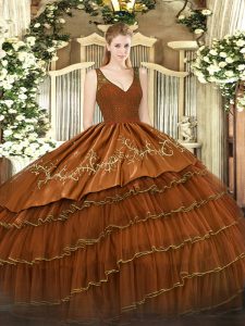 Colorful Brown V-neck Zipper Beading and Embroidery and Ruffled Layers Quince Ball Gowns Sleeveless