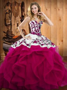 Stunning Sweetheart Sleeveless Sweet 16 Quinceanera Dress Floor Length Embroidery Fuchsia Satin and Organza