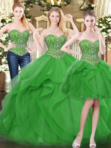 Fabulous Green Sleeveless Beading and Ruffles Floor Length 15 Quinceanera Dress