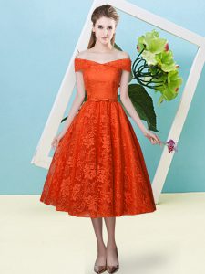 Custom Design Rust Red Cap Sleeves Tea Length Bowknot Lace Up Quinceanera Court Dresses