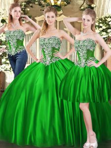 Beautiful Sleeveless Tulle Floor Length Lace Up Quinceanera Gowns in Green with Beading