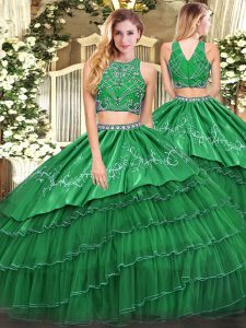 Glamorous Floor Length Green Quinceanera Gown High-neck Sleeveless Zipper