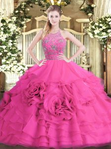 Sweet Hot Pink Tulle Zipper Quinceanera Gown Sleeveless Floor Length Beading and Ruffled Layers