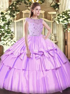 Cheap Floor Length Lavender Ball Gown Prom Dress Tulle Sleeveless Beading and Ruffled Layers