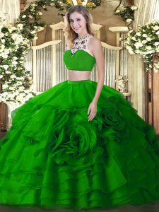 Perfect Floor Length Green 15 Quinceanera Dress Tulle Sleeveless Beading and Ruffled Layers