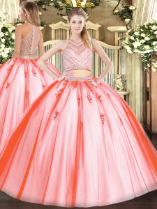 High Quality Watermelon Red Sleeveless Floor Length Beading Zipper Ball Gown Prom Dress