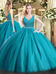 Beauteous Teal Ball Gowns Tulle V-neck Sleeveless Beading Floor Length Zipper 15th Birthday Dress