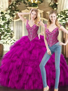 Fuchsia Sleeveless Organza Lace Up Quinceanera Gowns for Military Ball and Sweet 16 and Quinceanera