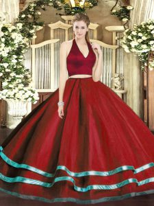 Admirable Floor Length Two Pieces Sleeveless Wine Red Quinceanera Gowns Zipper