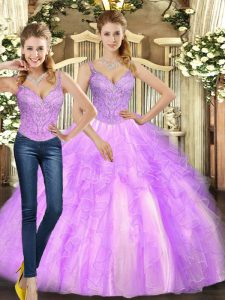Graceful Lilac Straps Neckline Beading and Ruffles Sweet 16 Quinceanera Dress Sleeveless Lace Up