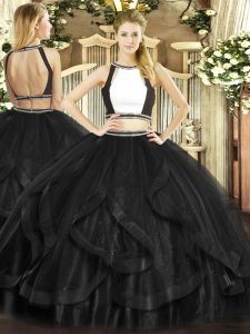 Romantic Halter Top Sleeveless Backless Quinceanera Dresses Black Tulle