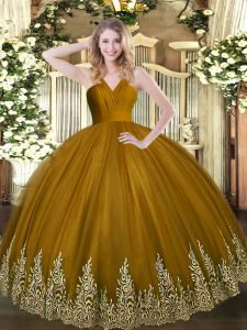 Floor Length Brown Quinceanera Gowns Tulle Sleeveless Appliques