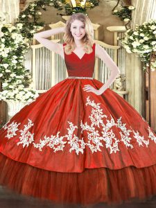 Customized Wine Red Ball Gowns Tulle V-neck Sleeveless Beading and Appliques Floor Length Zipper Sweet 16 Dress