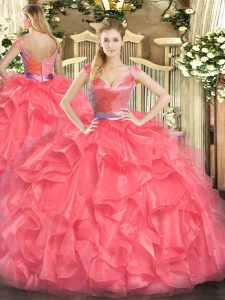 Fantastic Floor Length Zipper Vestidos de Quinceanera Coral Red for Military Ball and Sweet 16 and Quinceanera with Beading and Ruffles