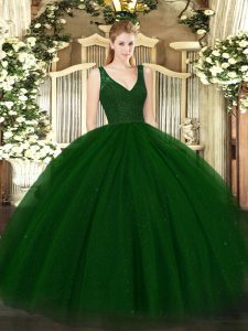 Dark Green Ball Gowns Tulle V-neck Sleeveless Beading and Lace Floor Length Backless Quince Ball Gowns