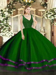 Excellent Floor Length Dark Green Quinceanera Dresses Organza Sleeveless Beading and Lace and Ruffled Layers