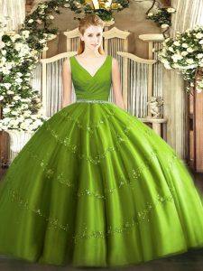 Attractive Olive Green Zipper Quinceanera Gowns Beading Sleeveless Floor Length