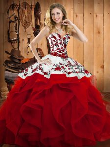 Customized Sweetheart Sleeveless Quinceanera Dresses Floor Length Embroidery and Ruffles Wine Red Satin and Organza