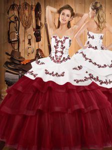 Wine Red Ball Gowns Strapless Sleeveless Tulle Sweep Train Lace Up Embroidery and Ruffled Layers Quinceanera Gowns