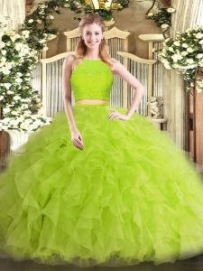Yellow Green Two Pieces Ruffles Quince Ball Gowns Zipper Tulle Sleeveless Floor Length