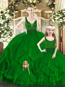 Modern Floor Length Green 15th Birthday Dress Organza Sleeveless Beading and Ruffles